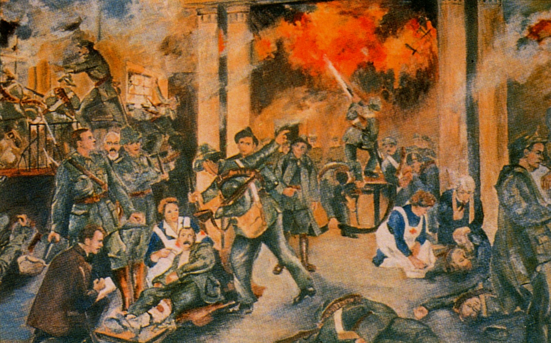 An colour illustration of a fiery war scene featuring soliders and nurses with a city on fire in the background.
