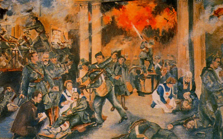 An colour illustration of a fiery war scene featuring soliders and nurses with a city on fire in the background.