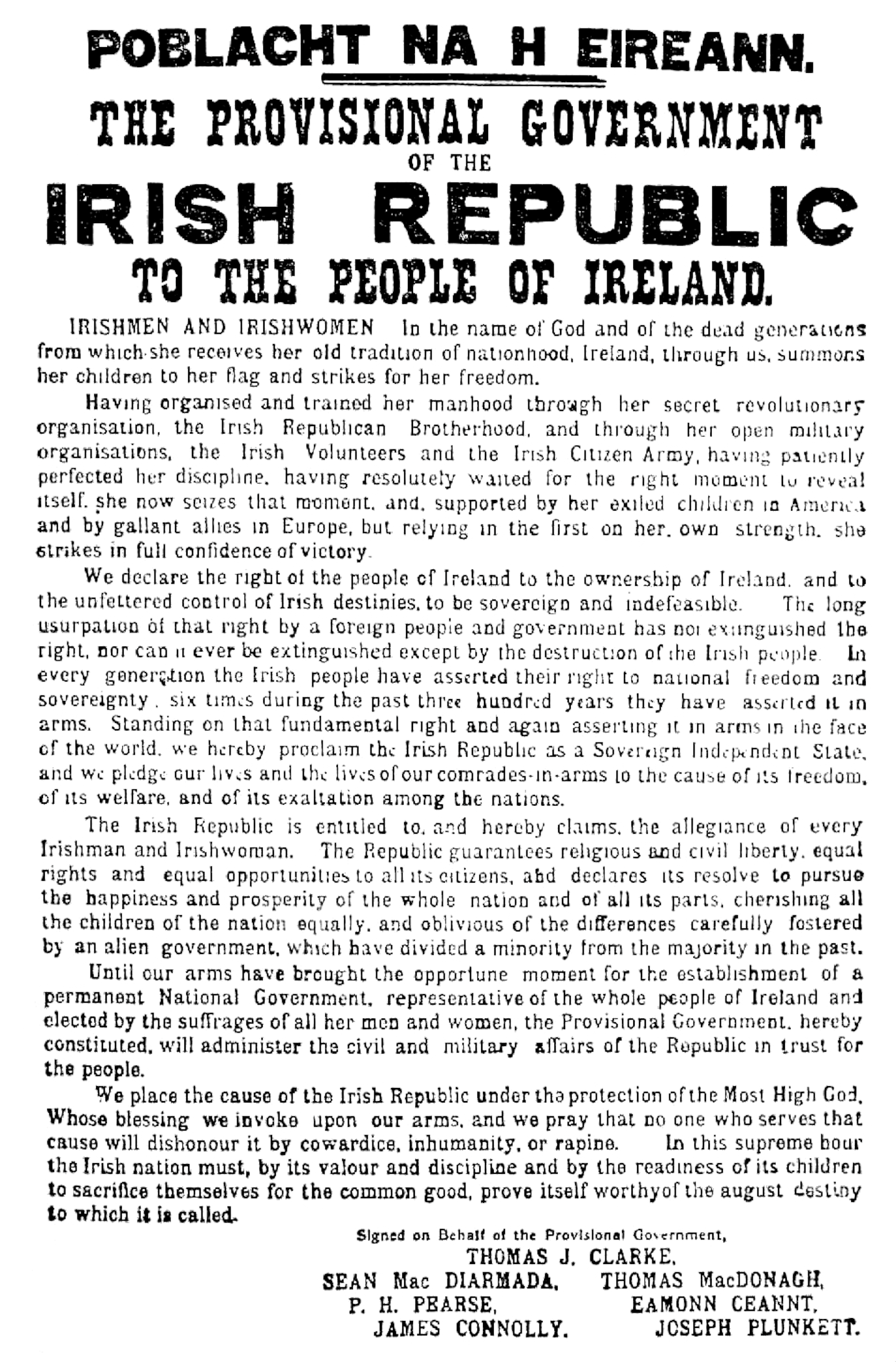 An archival document of the official proclamation of the Irish Republic by the provisional government in 1916.