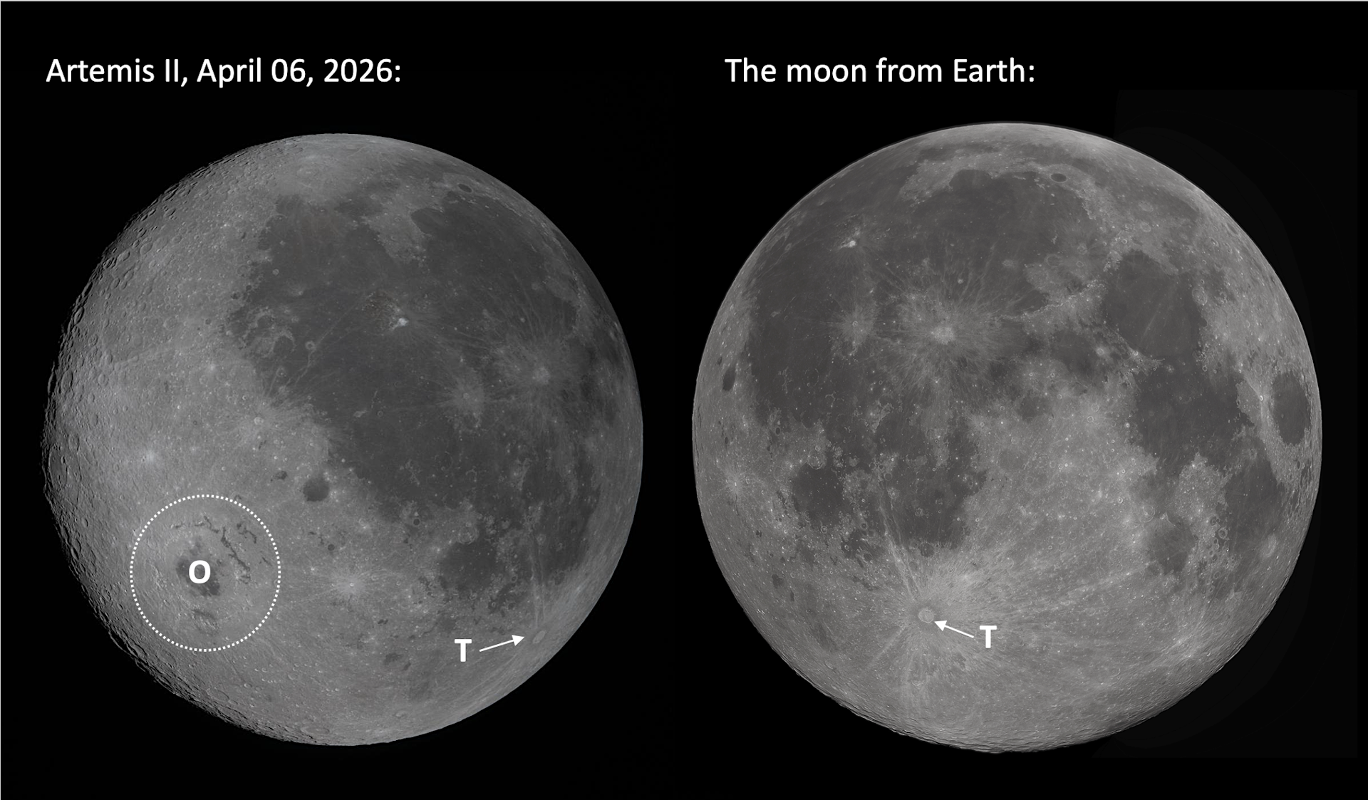 Two images of the moon, from different angles.