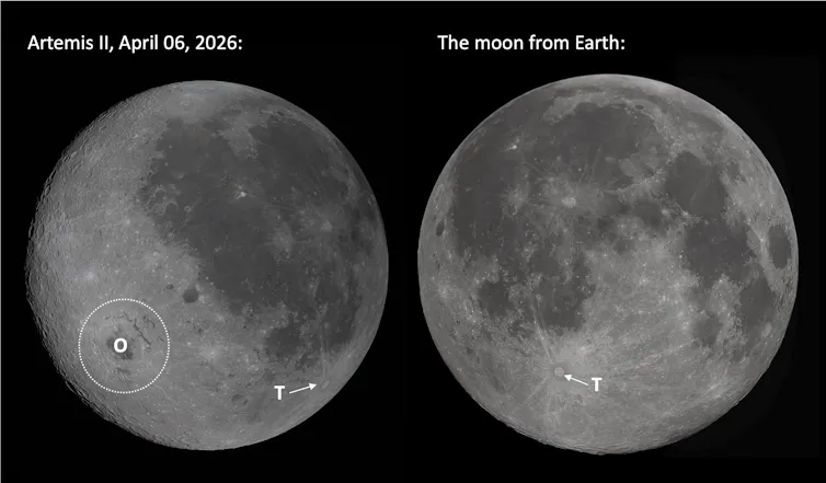 Two images of the moon, from different angles.