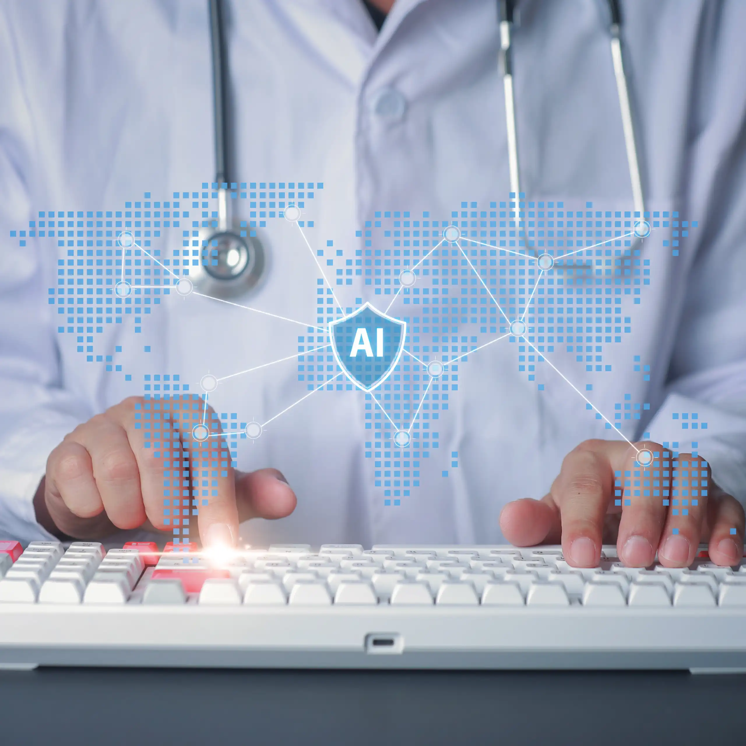 Médecin tapant sur le clavier avec l'hologramme lumineux de la carte montrant la connexion au réseau mondial IA.