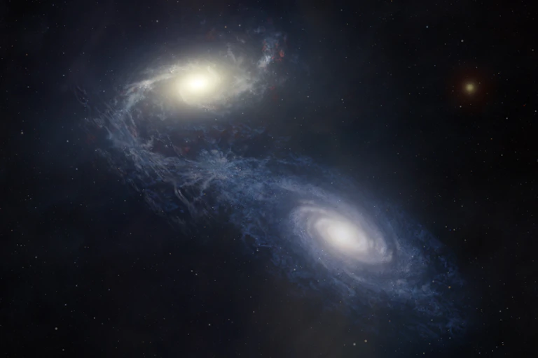 An illustration of a larger galaxy pulling in a smaller galaxy