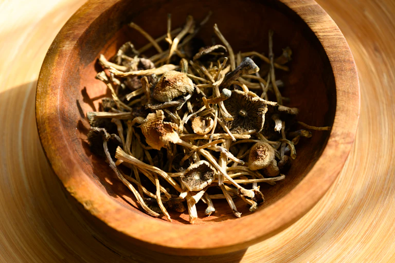 Wooden bowl filled with dried, hallucinogenic mushrooms.