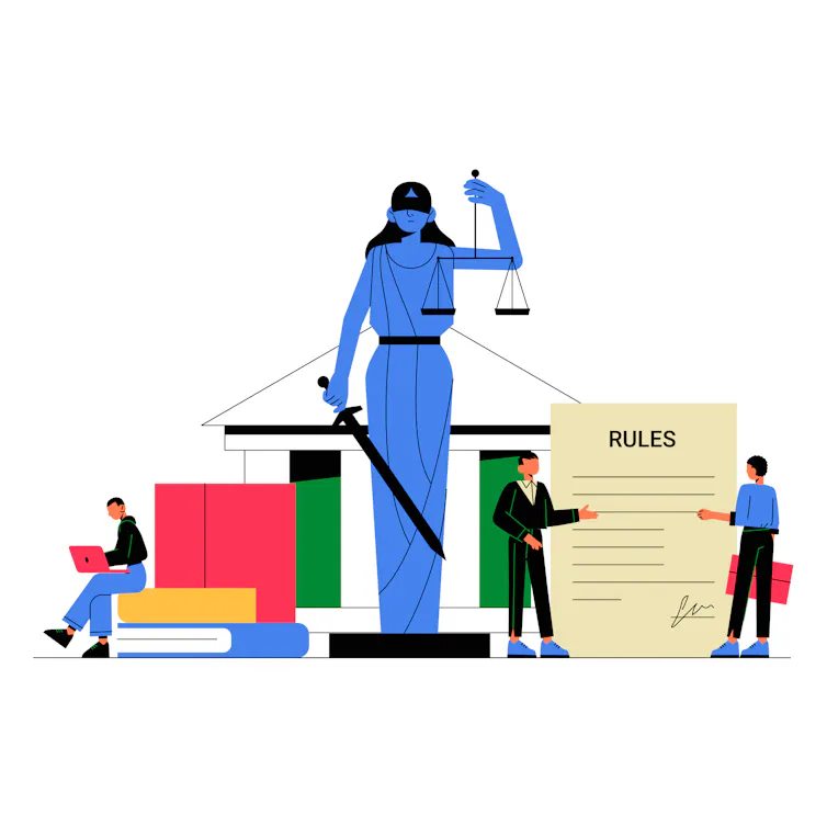 El gráfico muestra la estatua de una mujer en el medio, sosteniendo una balanza. A cada lado hay una persona sentada encima de libros y dos personas mirando un documento que dice las reglas.