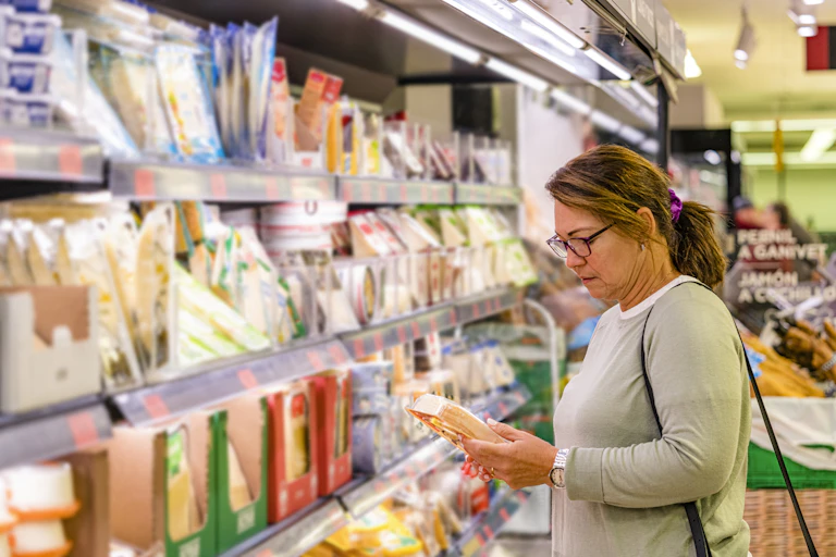 Woman checks a package at the supermarket