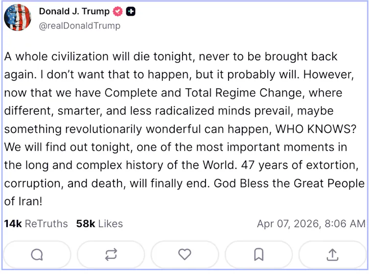 Un message publié sur les réseaux sociaux par le président Donald Trump, dans lequel il menace de détruire la civilisation iranienne