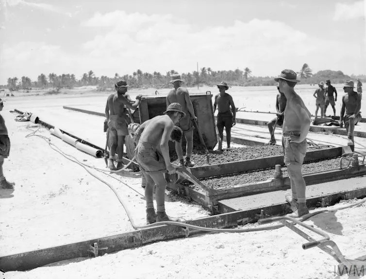 British royal engineers build a runway during construction of the British military base on Kiritimati.