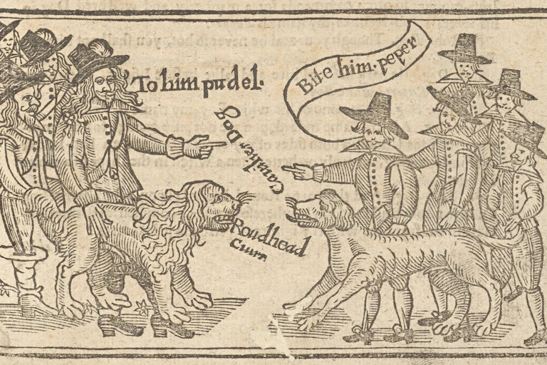 Illustration showing roundhead and cavalier soldiers, wearing partisan hats, facing each other and urging their dogs to attack each other