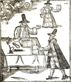Woodcutting showing three Levellers wearing hats