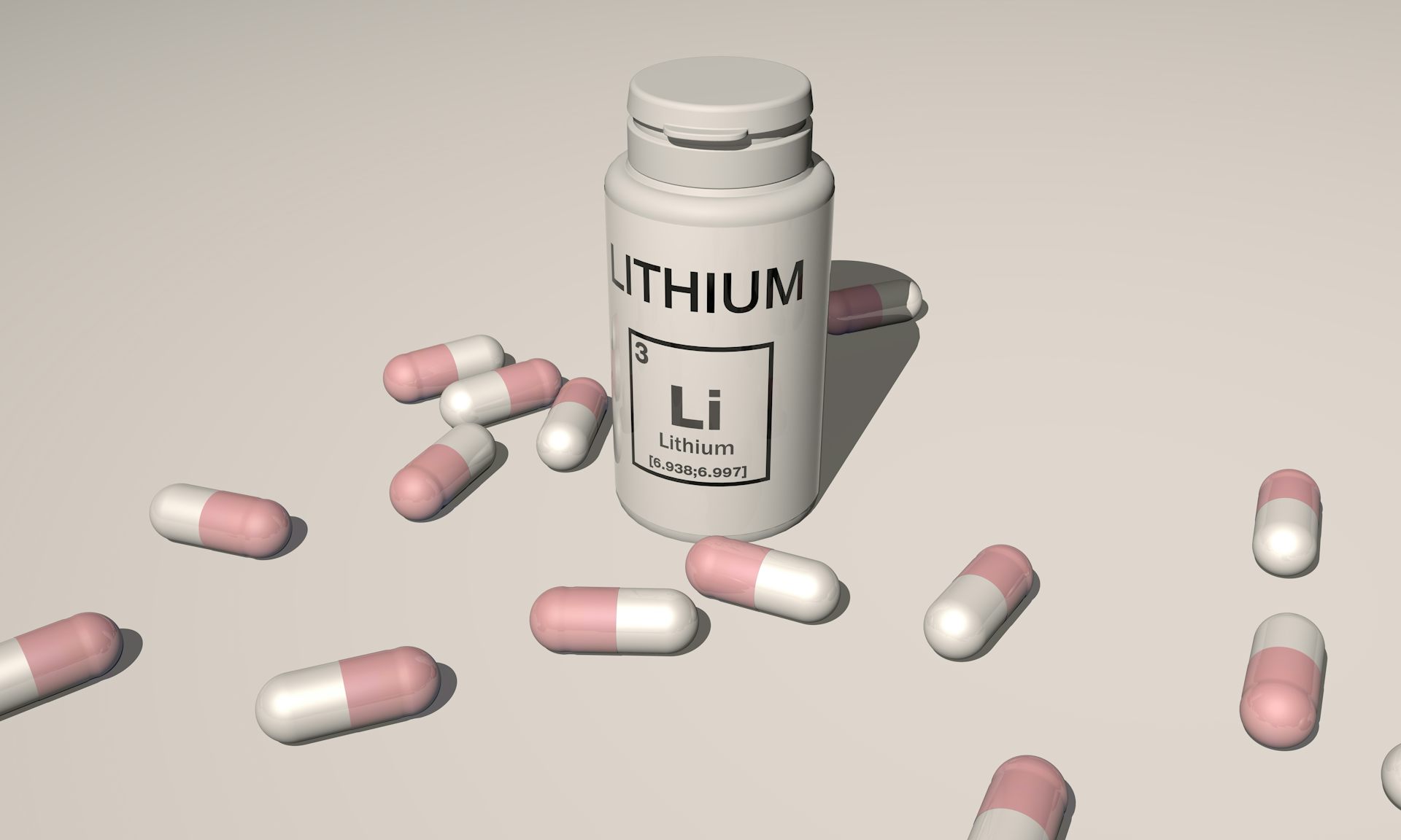 Un pot amb la paraula Lithium escrita i moltes càpsules al voltant d'ell.