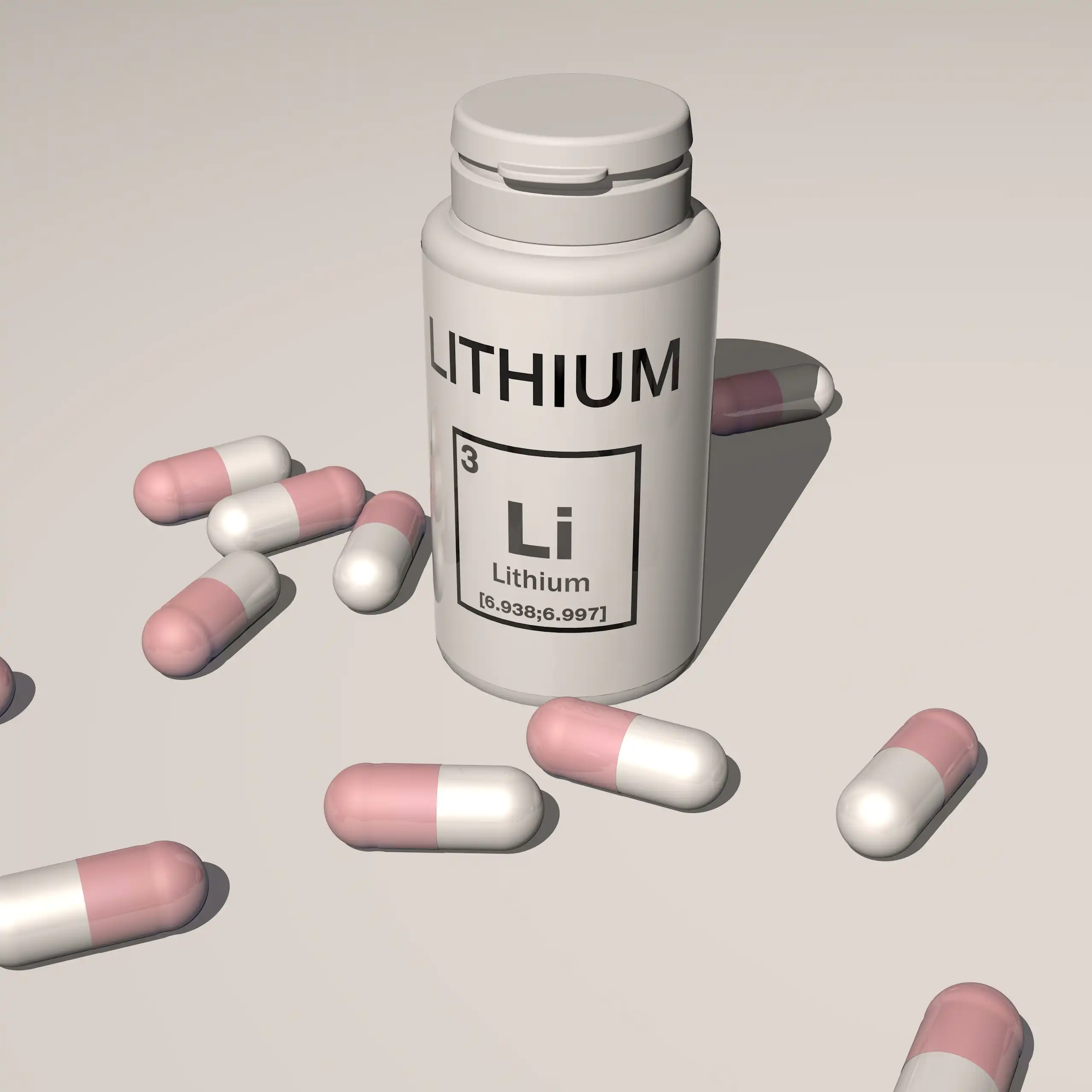 Un pot amb la paraula Lithium escrita i moltes càpsules al voltant d'ell.