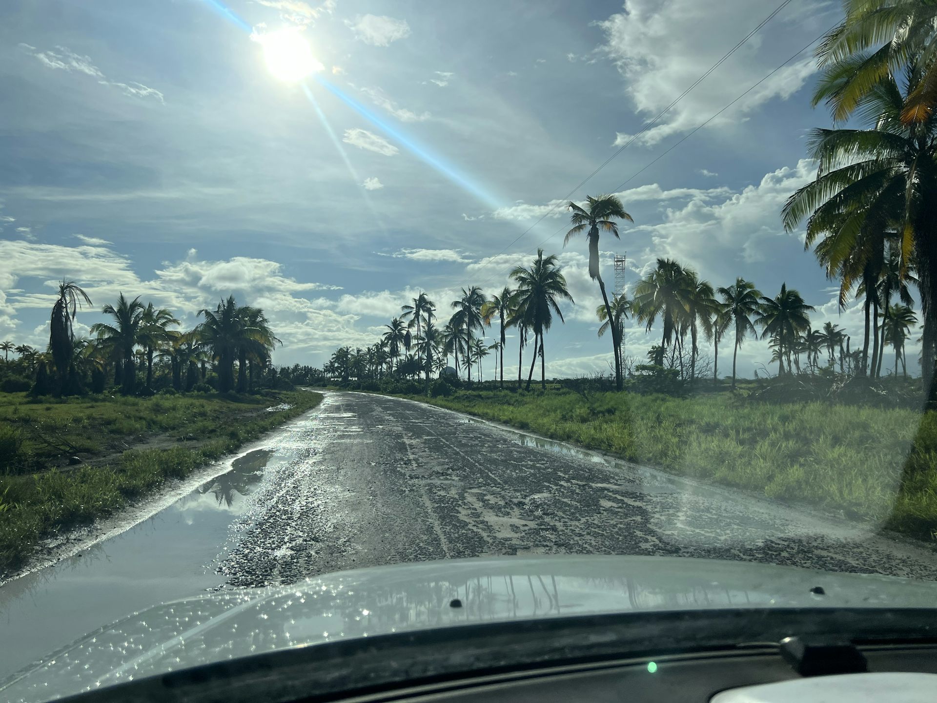 La lluvia fue fotografiada desde un automóvil y hay palmeras a lo largo de la carretera.