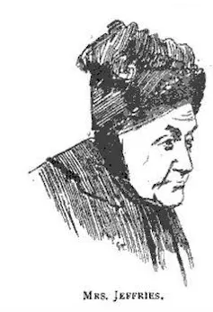A drawing of Mrs Jeffries, an elder woman wearing a black hat.