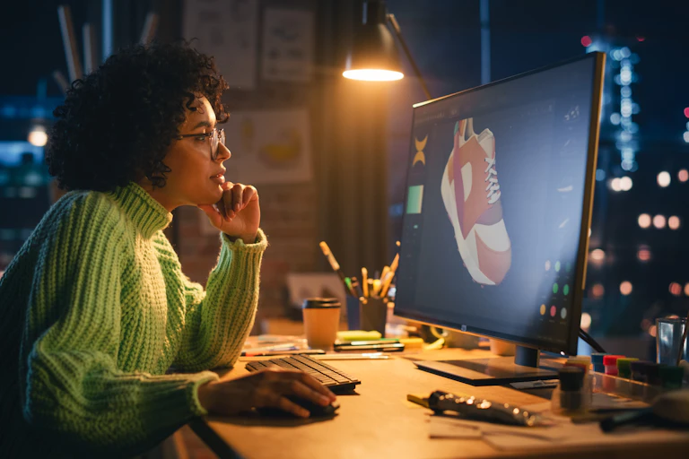 female graphic designer at her computer looking at a trainer design on her screen.
