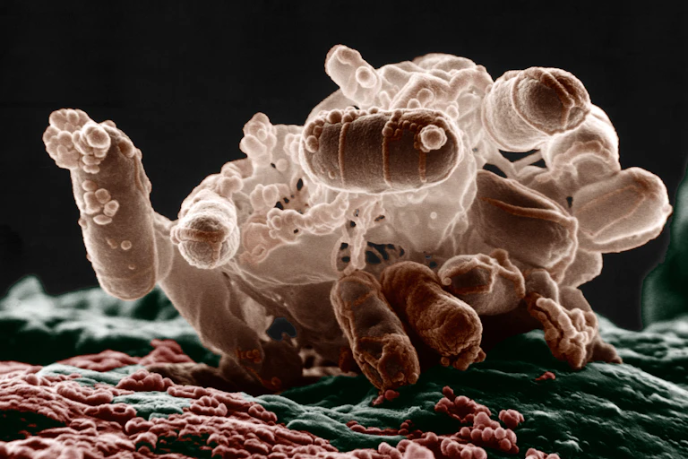 Microscopy image of a cluster of pill-shaped blobs on a rugged surface against a black background