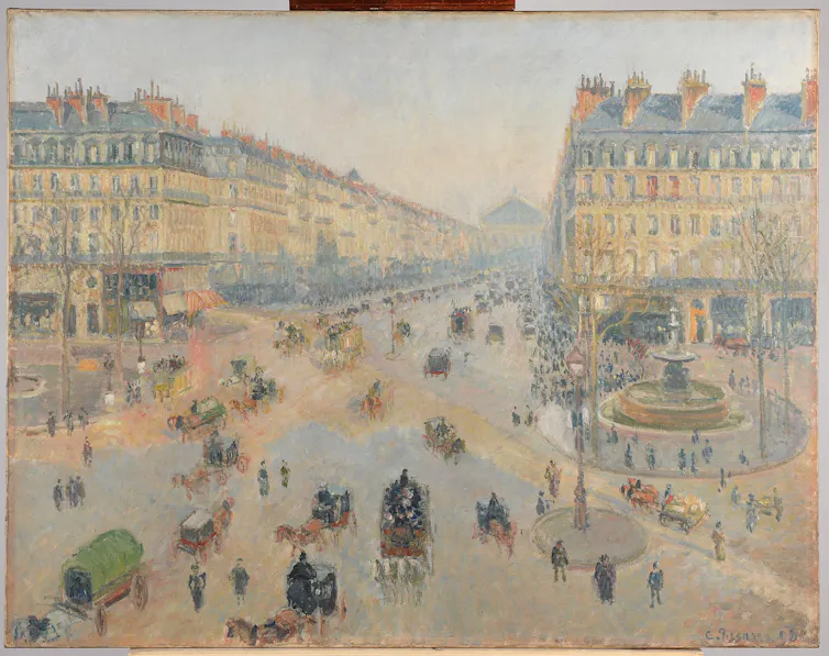 An old painting of a vast open walkway in a city, people strolling.