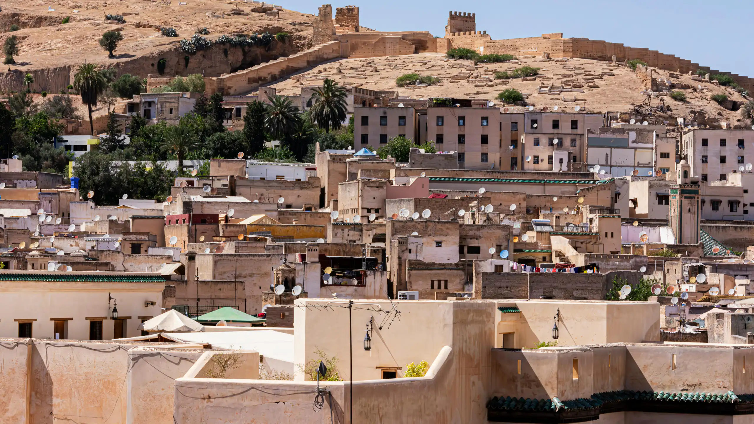 An old city wall on a rocky hill, beneath it a dense array of square and angular old buildings of different sizes