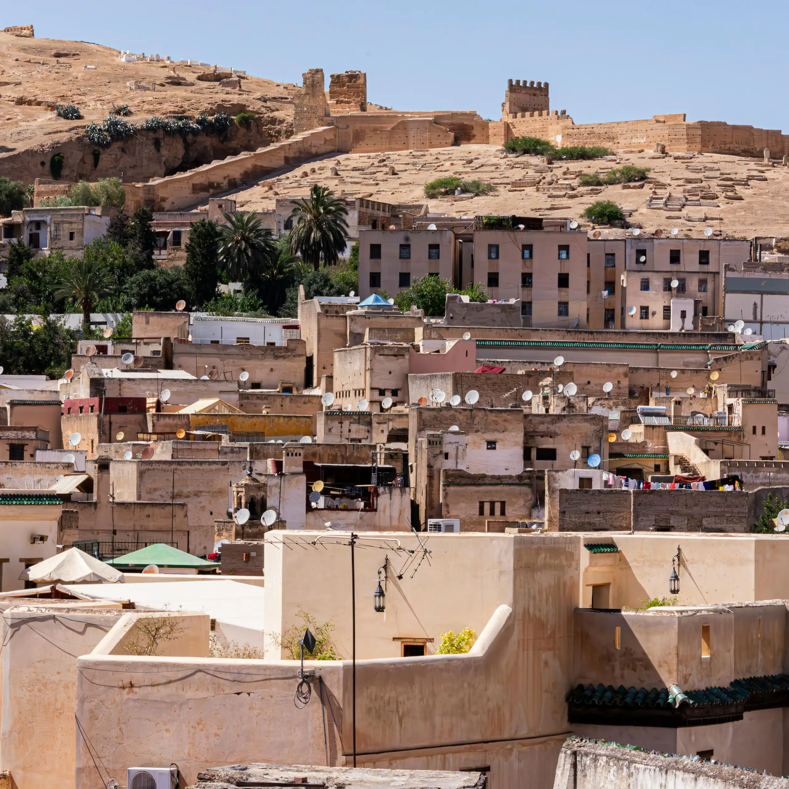 An old city wall on a rocky hill, beneath it a dense array of square and angular old buildings of different sizes