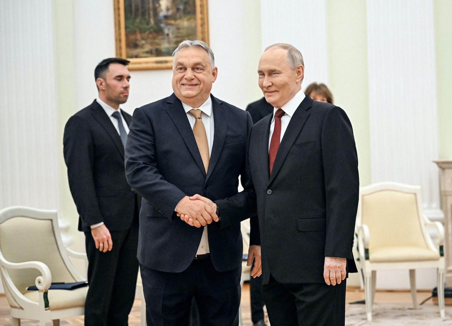 Hungarian prime minister, Viktor Orbán, shakes hands with Russian president, Vladimir Putin, in Moscow, November 2025.