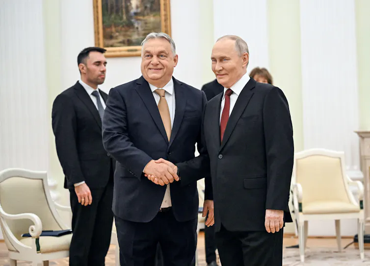 Hungarian prime minister, Viktor Orbán, shakes hands with Russian president, Vladimir Putin, in Moscow, November 2025.