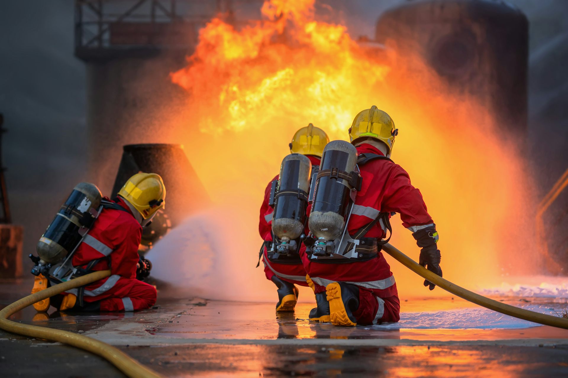 Professional team of firefighters spraying high-pressure water at fire.