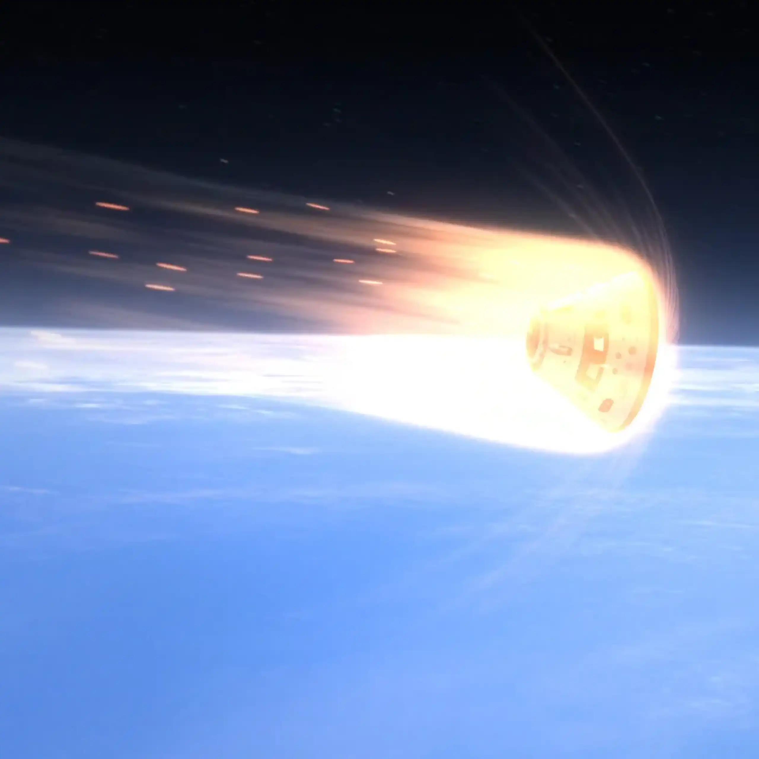 Ilustração de uma nave espacial, rodeada por plasma alaranjado, ao reentrar na atmosfera terrestre