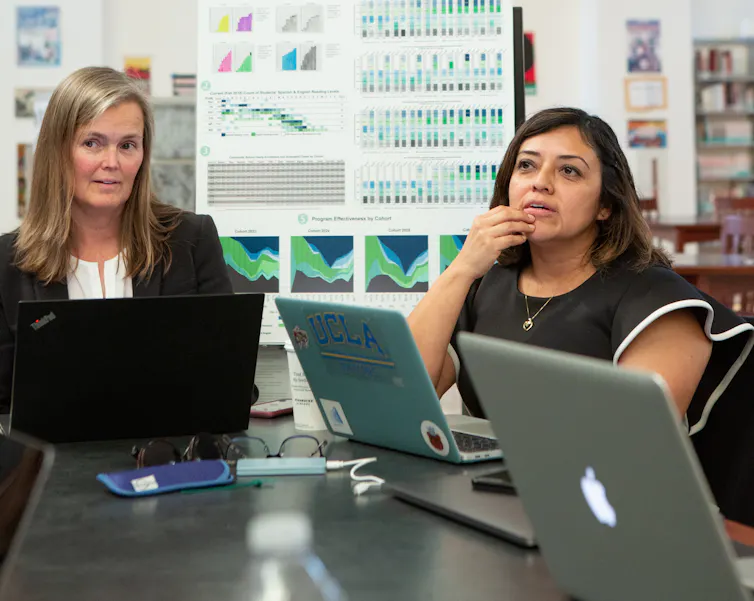 Two teachers at a table in discussion.