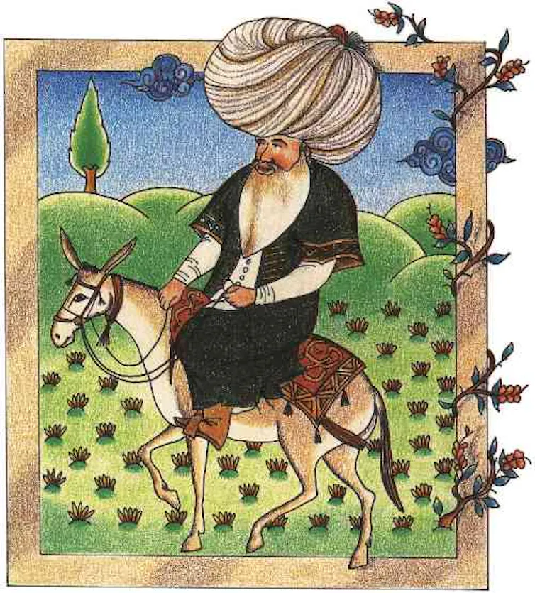 Painting of man with a flowing white beard and a very large turban, riding a donkey.