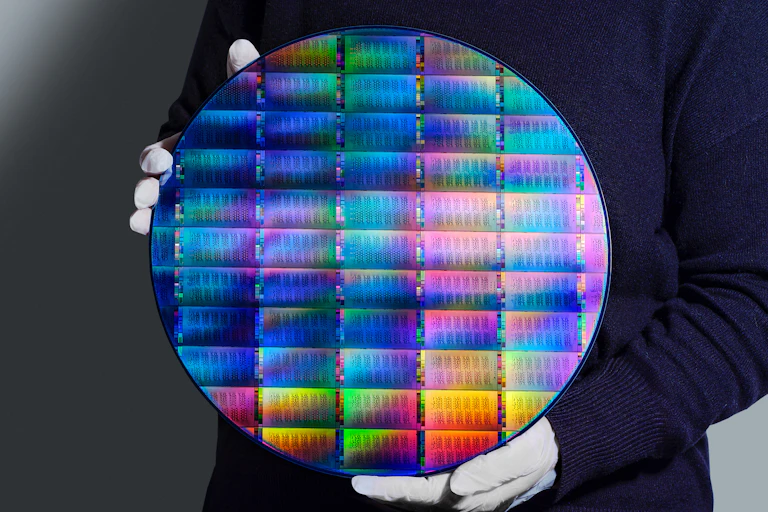 A person holding a shimmering rainbow-coloured disc of computer chips.