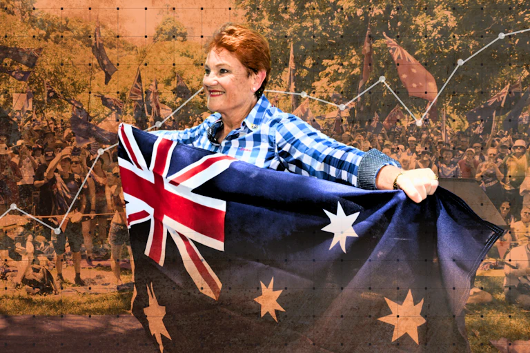 Pauline Hanson holding an Australian flag, superimposed over a sepia-toned graph with a rising line