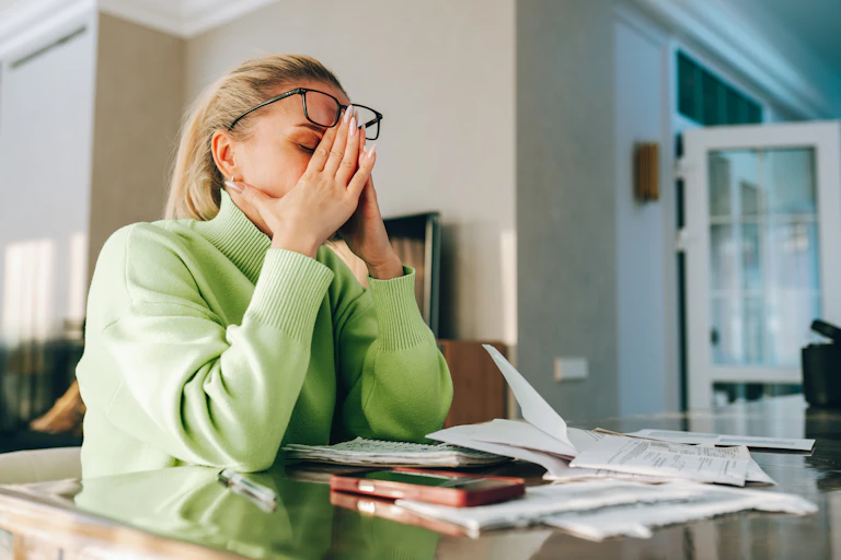 A person sits at a table covered in financial papers, with her head in her hands.