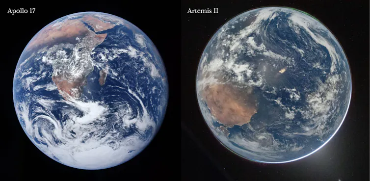 Two photos of the entire Earth as shown from space.