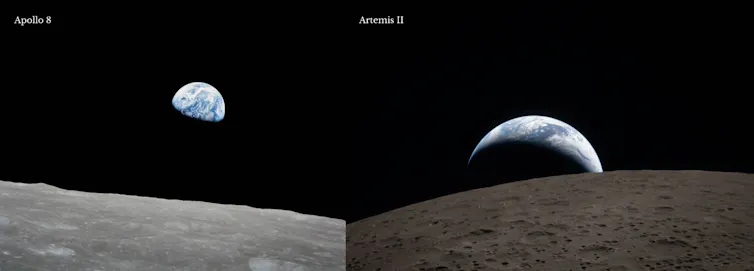 La tripulación de Artemis II utilizó fotografía moderna para contar la historia visual de su viaje lunar y actualizar algunas imágenes clásicas del Apolo. 1 Dos fotografías de la Tierra, parcialmente sombreadas, cuelgan sobre la superficie de la Luna.