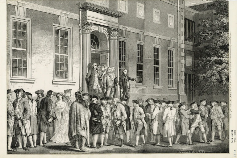 A black and white illustration shows a crowd of well-dressed people in 18th century garb milling outside a stately building.
