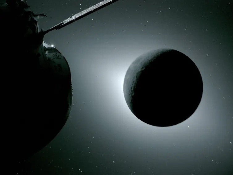 An image showing the side of the Orion spacecraft, and the Moon in space, backlit in front of the Sun.