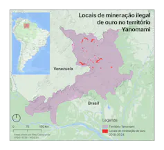 Mapa mostra o território Yanomami marcado com vários pontos vermelhos, que representam locais com mineração de ouro