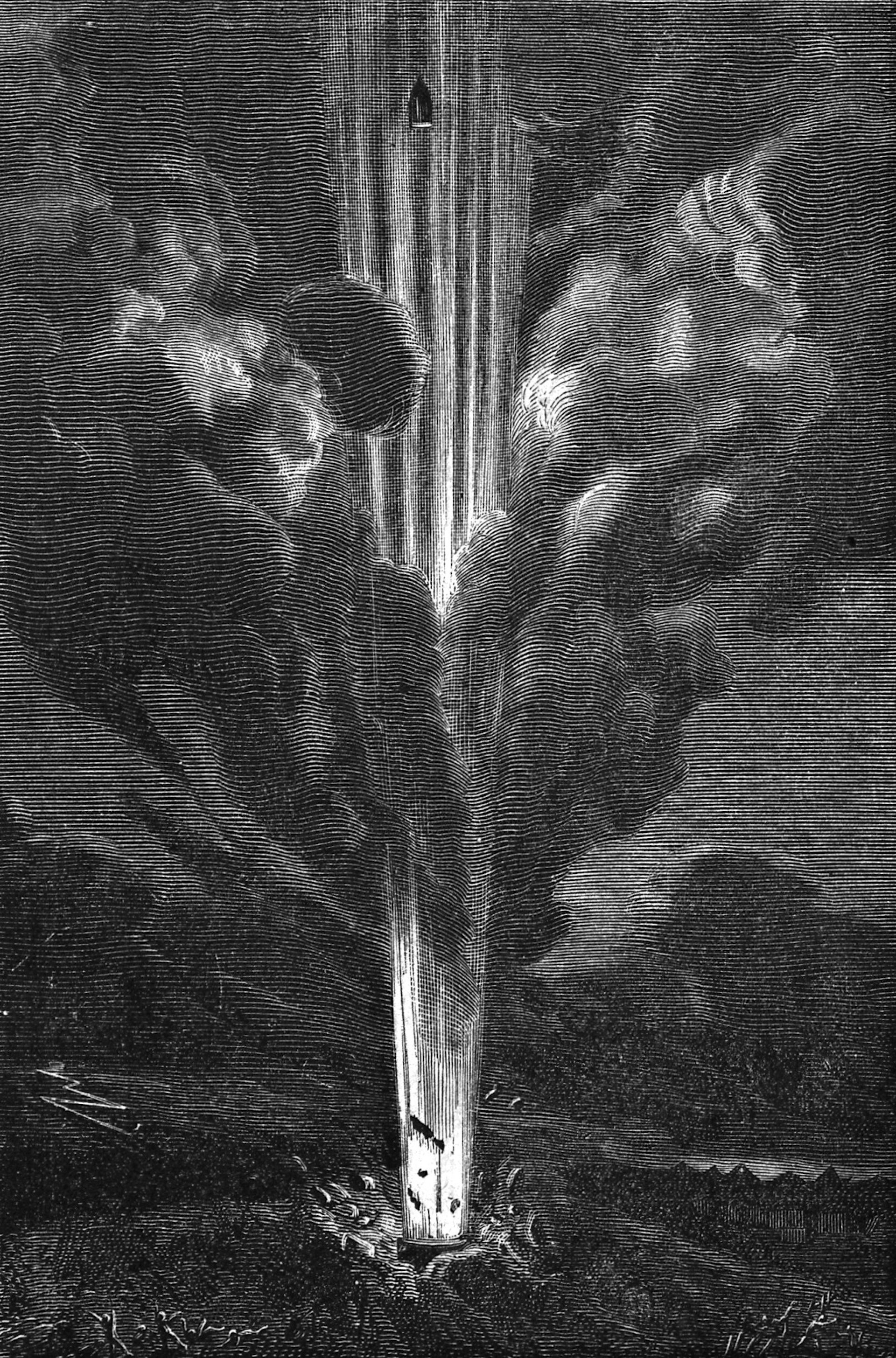 Ilustración de una nave espacial disparada desde el suelo en una nube de humo y llamas.