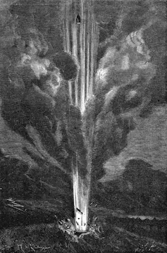 La toma lunar de Artemis II se hace eco de la visión cósmica presente en la novela de Julio Verne del siglo XIX. 2 Ilustración de una nave espacial disparada desde el suelo en una nube de humo y llamas.