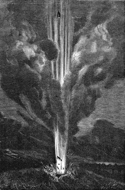 An illustration of a spacecraft shooting off the ground in a plume of smoke and flame