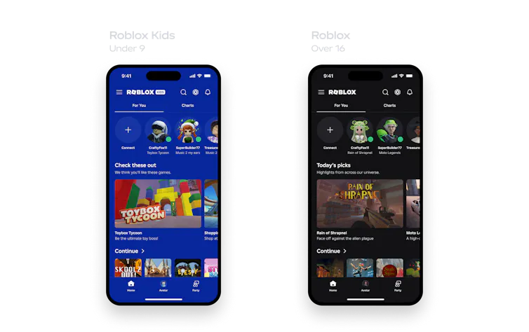 Two phone screens side by side, displaying different Roblox screens. One has a bright blue background, the other a black background.