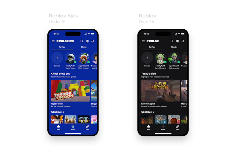 Two phone screens side by side, displaying different Roblox screens. One has a bright blue background, the other a black background.