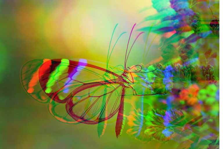 Glitchy image of a Glasswing butterfly