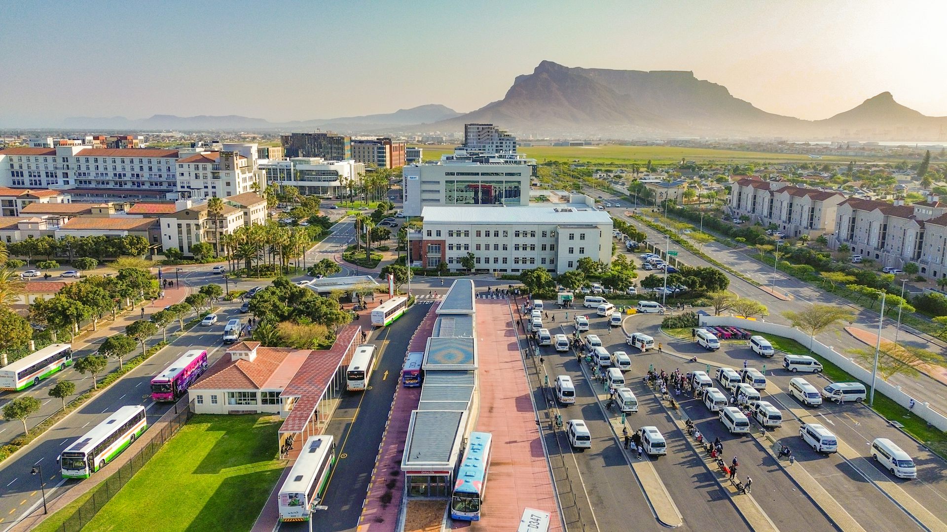 Illustration of a taxi and bus rank with a mountain in the background