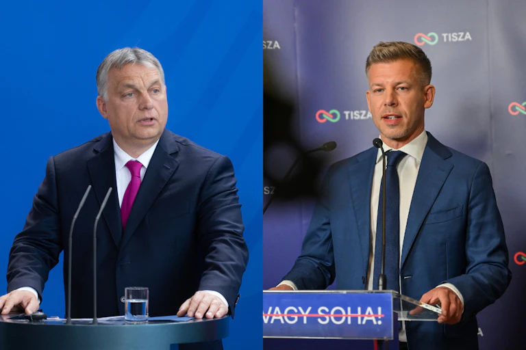 Portraits of Viktor Orbán, outgoing Hungarian PM and Péter Magyar, the new Hungarian prime minister.
