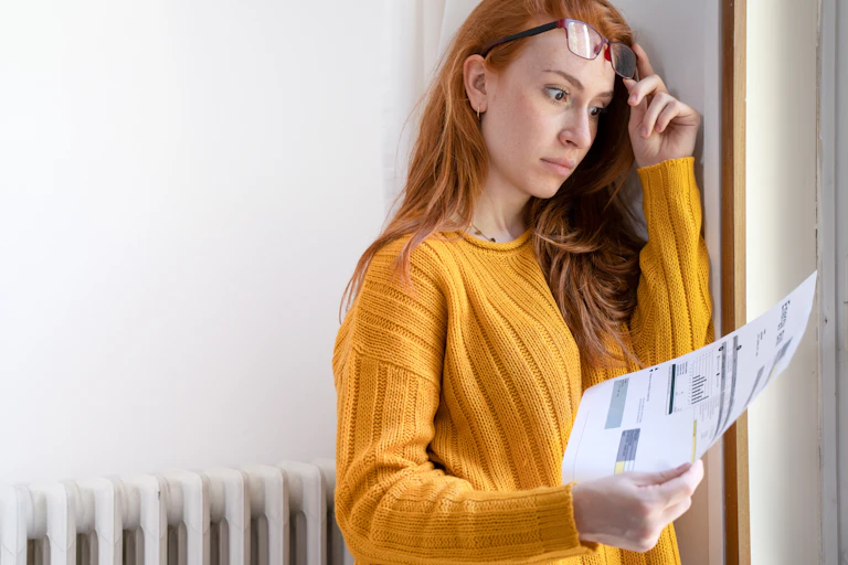 woman in yellow jumper standing looking stressed at energy bill