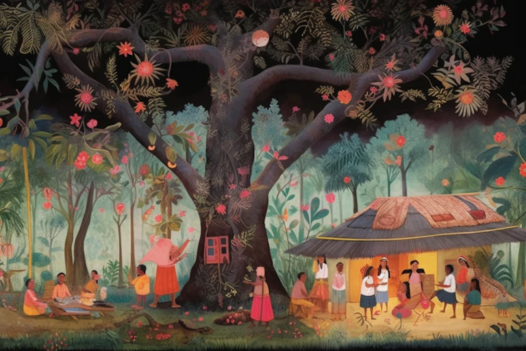 Ilustração mostra uma comunidade em volta de uma árvore, com cores vibrantes.