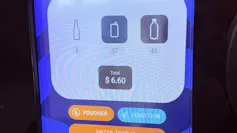 Screen of a deposit-return machine showing the number of returned drink containers and a cash refund total.