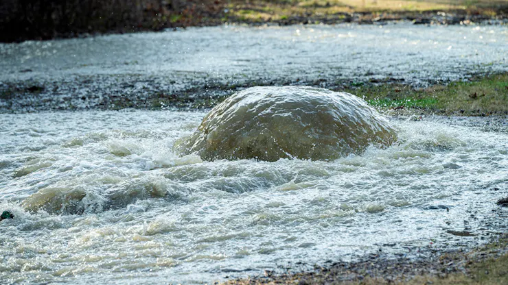 A surge of water bubbles up to the surface of flowing water.