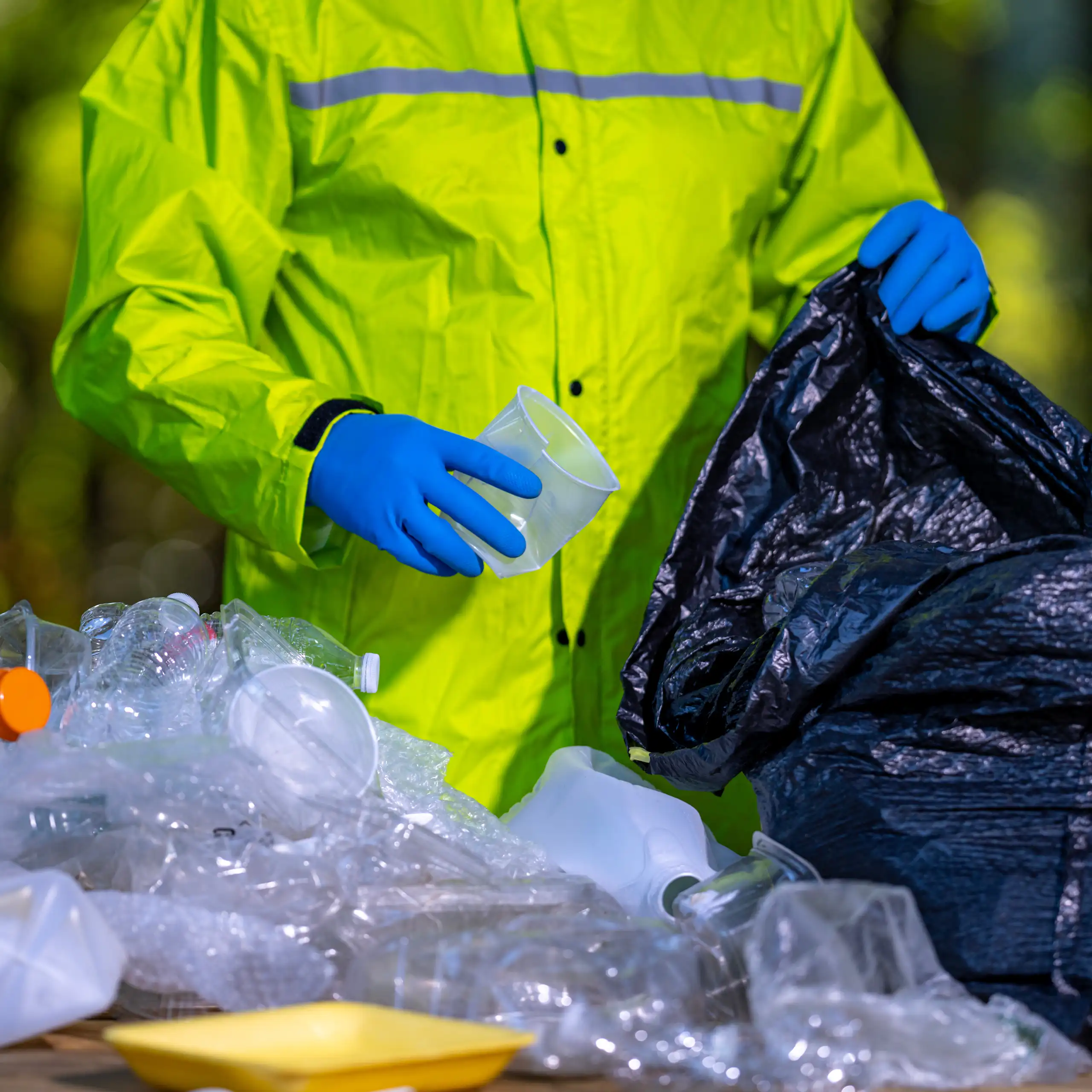 Gros plan sur un éboueur en train de trier des déchets en plastique.